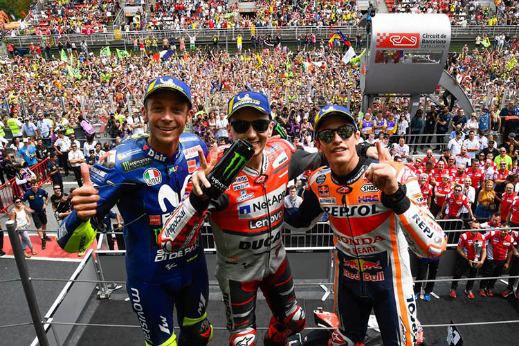 Barcelona: Valentino Rossi, Jorge Lorenzo und Marc Márquez auf dem Podest