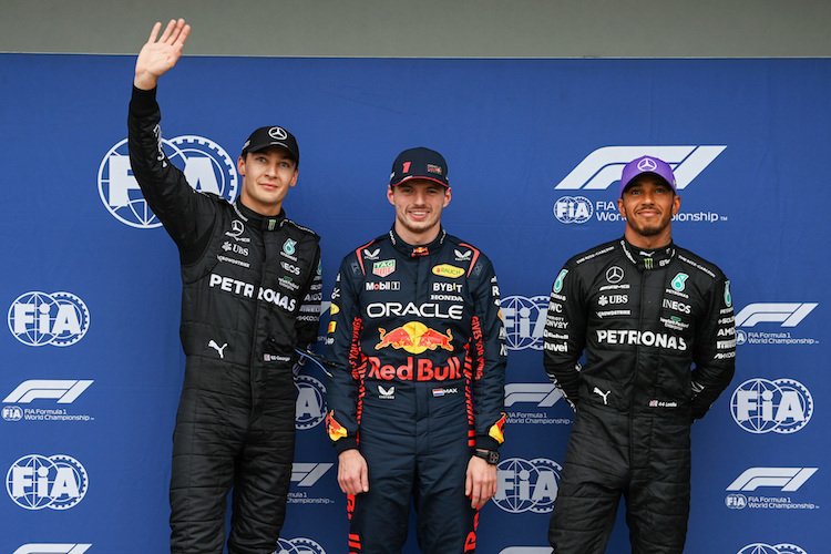 George Russell, Max Verstappen und Lewis Hamilton