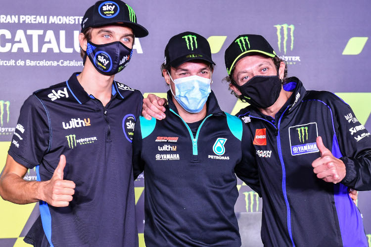 Luca Marini, Franco Morbidelli und Valentino Rossi trafen sich nach zwei Pole-Positions und einem dritten Startplatz bei der Pressekonferenz