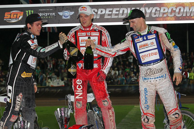 Die Top-3 von Krsko: Tai Woffinden, Jaroslaw Hampel und Tomasz Gollob (v.l.)