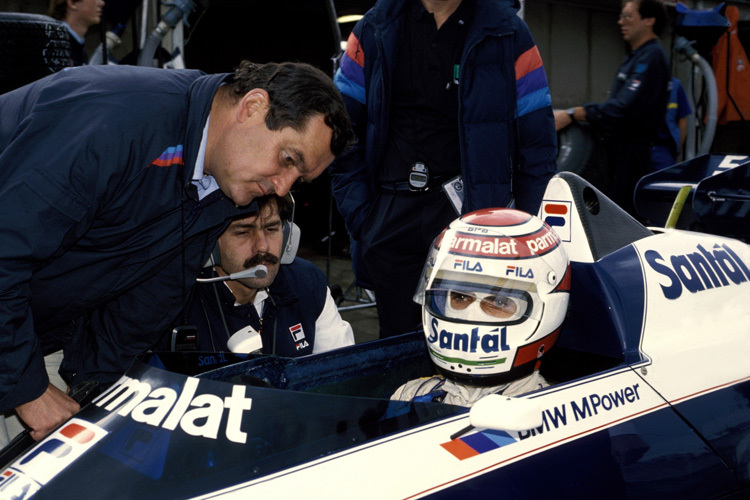 Paul Rosche (links) mit Konstrukteur Gordon Murray und Nelson Piquet im Brabham-BMW