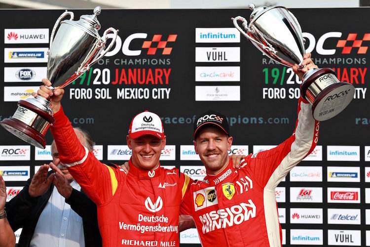Mick Schumacher mit Sebastian Vettel beim Race of Champions in Mexiko