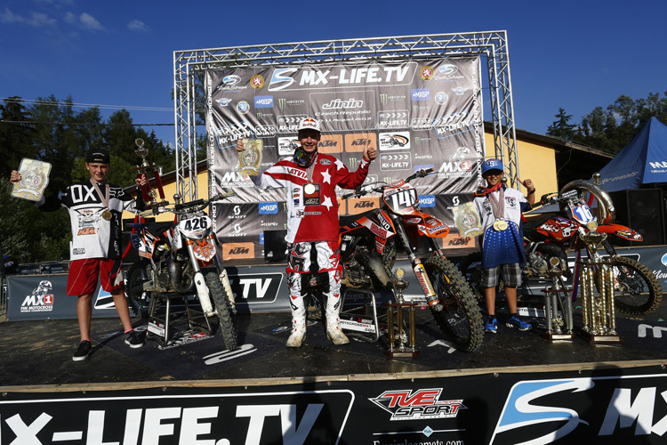 Drei KTM-Fahrer, drei Weltmeister: Die Champions Conrad Mewse, Pauls Jonass und Aiden Tijero (v. li.)