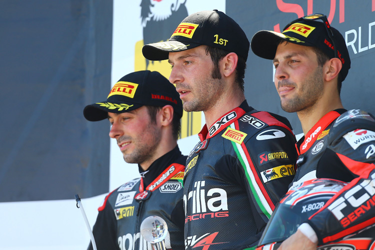 Top-3 Lauf 1: Laverty, Guintoli, Fabrizio (v.l.)