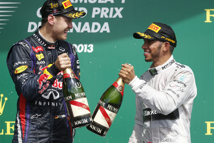 Sebastian Vettel und Lewis Hamilton auf dem Siegerpodest von Kanada