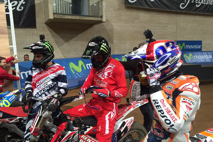 Die Top-3 im Superfinale: Die US-Flat-Track-Stars Jared Mees und Brad Baker mit Marc Márquez