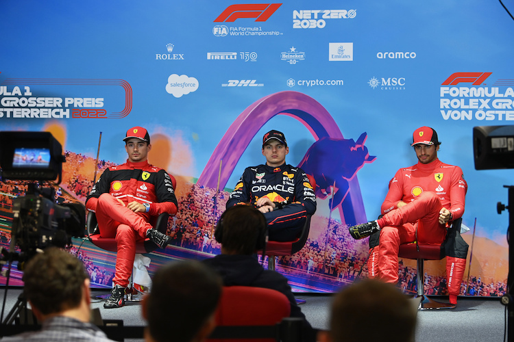 Die ersten Drei im Sprint: Charles Leclerc (2.), Max Verstappen (1.), Carlos Sainz (3.)