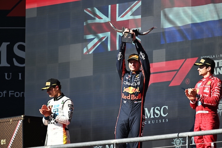 Lando Norris, Max Verstappen und Charles Leclerc