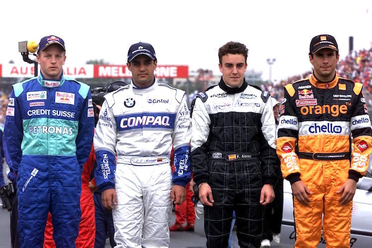 Die Neulinge 2001: Kimi Räikkönen, Juan Pablo Montoya, Fernando Alonso, Enrique Bernoldi