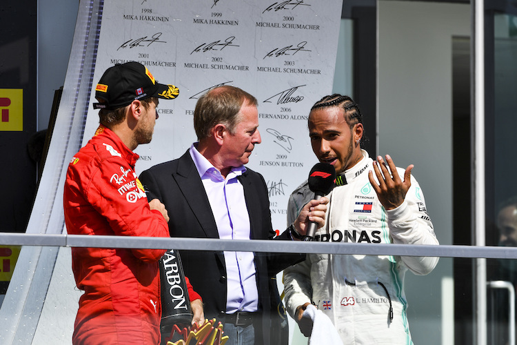 Sebastian Vettel, Martin Brundle und Lewis Hamilton nach dem Kanada-GP