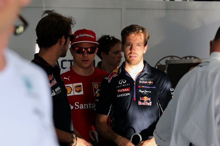 Sebastian Vettel, Kimi Räikkönen und Jean-Eric Vergne