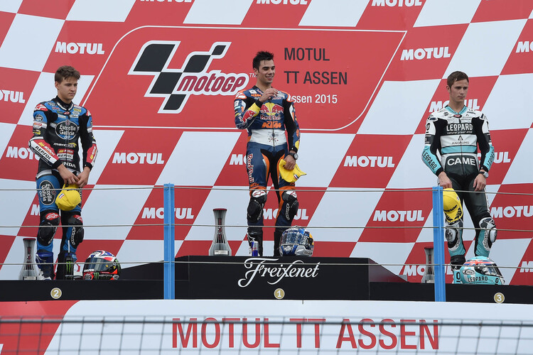 Die Top-3 von Assen: Links Fabio Quartararo, damnn Sieger Miguel Oliveira und WM-Leader Danny Kent