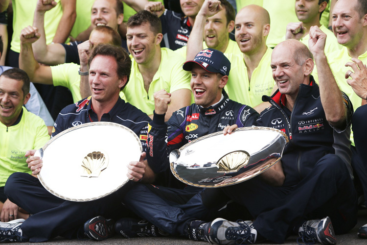 Die Stützpfeiler von Red Bull Racing: Christian Horner, Sebastian Vettel, Adrian Newey