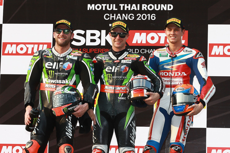 Podium von Lauf 1: Sykes, Rea und van der Mark (v.l.)