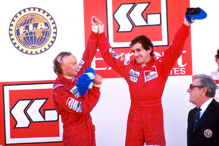 Niki Lauda und Alain Prost 1984 in Estoril