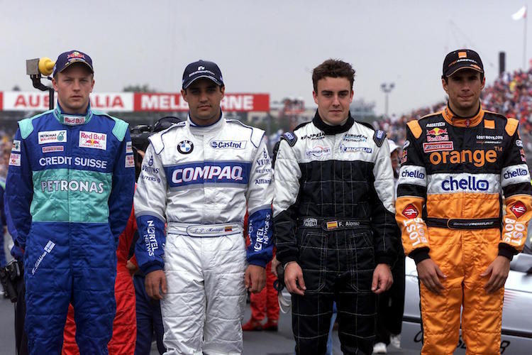 Kimi Räikkönen, Juan Pablo Montoya, Fernando Alonso und Enrique Bernoldi im März 2001