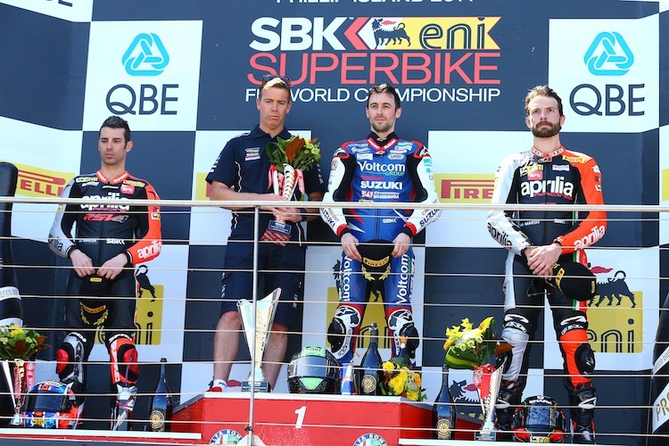 Das erste Podium der Saison 2014: Sieger Laverty, dazu Melandri und Guintoli