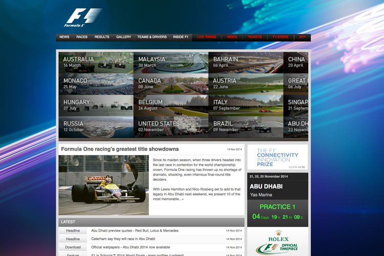 Neugestaltung geplant: Die aktuelle Version der offiziellen Formel-1-Website besteht – abgesehen von ein paar grafischen Anpassungen – seit 2007 in ihrer heutigen Form
