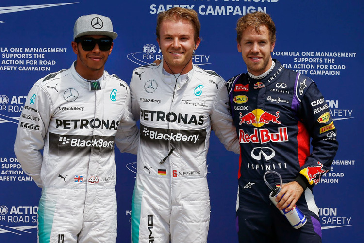 Lewis Hamilton und Nico Rosberg mit Sebastian Vettel