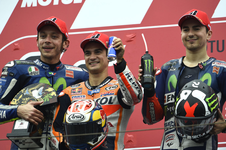 Das Podest in Motegi: Rossi, Sieger Pedrosa und Lorenzo als Dritter