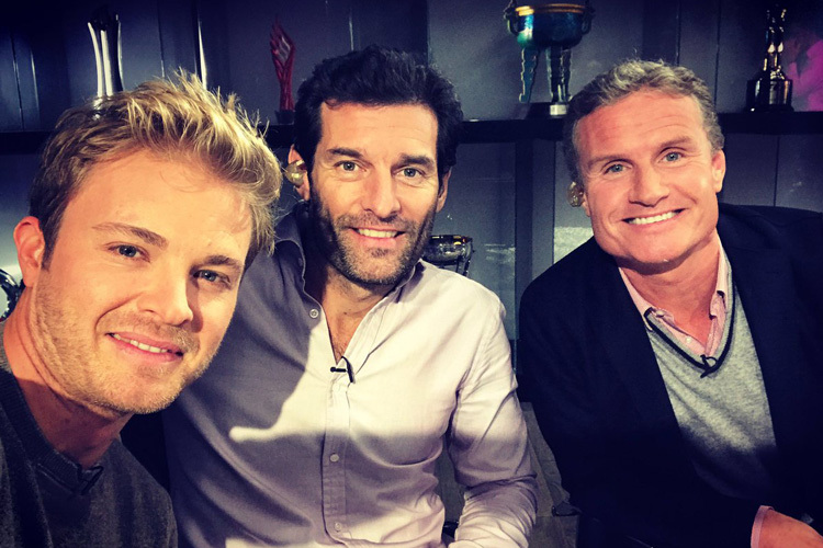 Mark Webber (Mitte) mit Nico Rosberg und David Coulthard beim Filmaufnahmen im Dezember