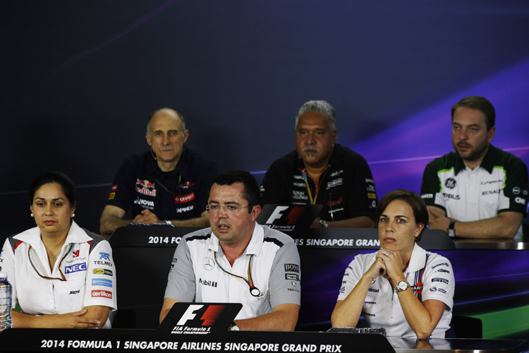 Kämpfen ums Überleben aller Formel-1-Rennställe  (v.l.): Monisha Kaltenborn, Franz Tost, Eric Boullier, Vijay Mallya, Claire Williams, Manfredi Ravetto