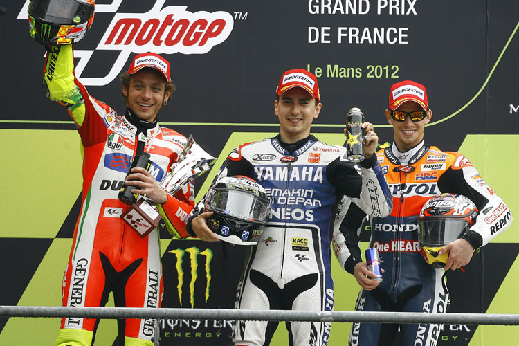 Das Le-Mans-Podest: Lorenzo (M.) vor Rossi (li.) und Stoner