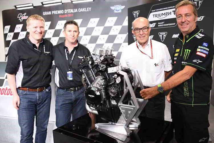 Stroud und Stuart von Triumph, Dorna-Chef Ezpeleta, IRTA-Chef Poncharal