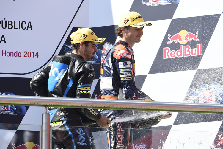 Argentinien-GP 2014: Fenati (links) und Miller feiern, jeder hat schon drei Rennen gewonnen