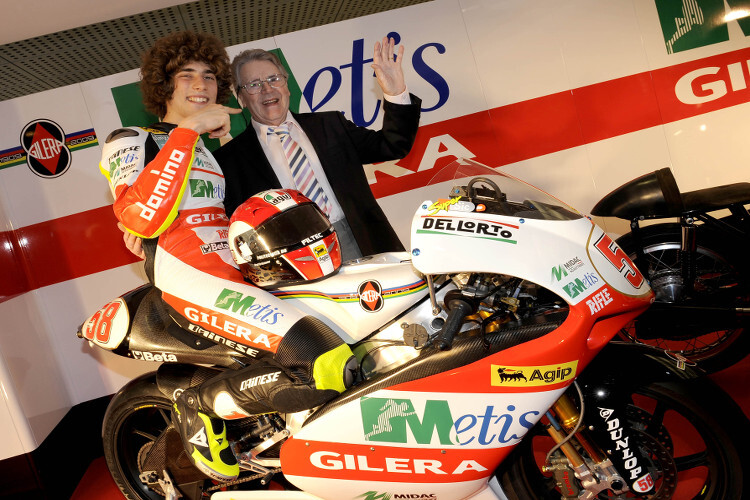 Zwei Weltmeister auf Gilera: Marco Simoncelli mit Geoff Duke