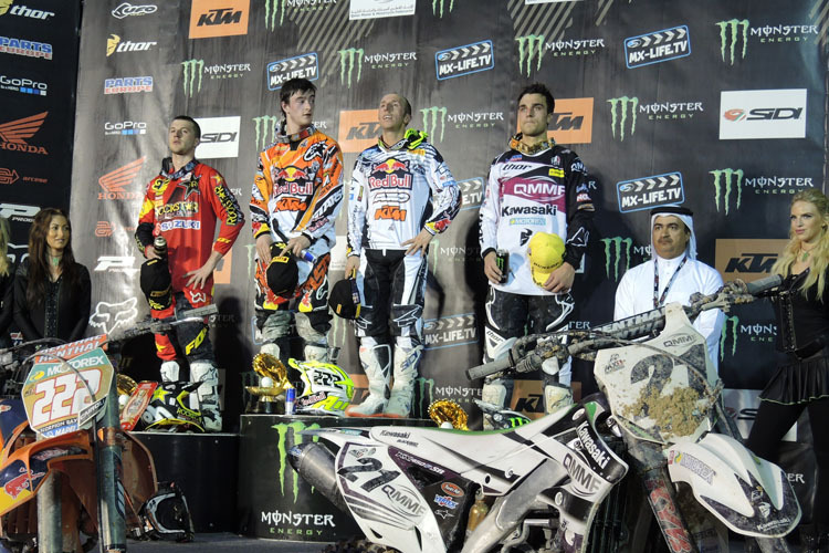 WM-Leader Desalle, MX2-Sieger Herlings, Superfinale-Sieger Cairoli und Paulin (v. li.)