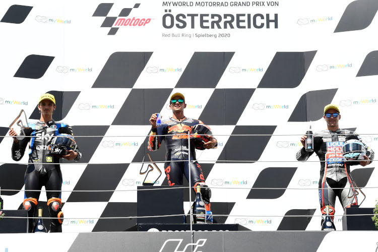 Die Top-3 des Österreich-GP 2020: Luca Marini, Sieger Jorge Martin und Marcel Schrötter