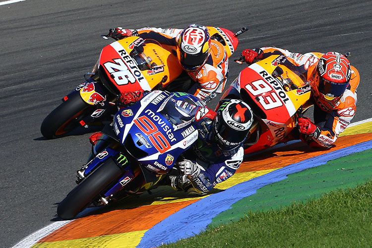 Jorge Lorenzo (99), Dani Pedrosa (26) und Marc Márquez (93)