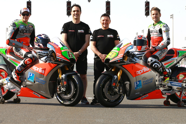 Das Aprilia Racing Team Gresini: Bradl, Albesiano, Gresini und Bautista