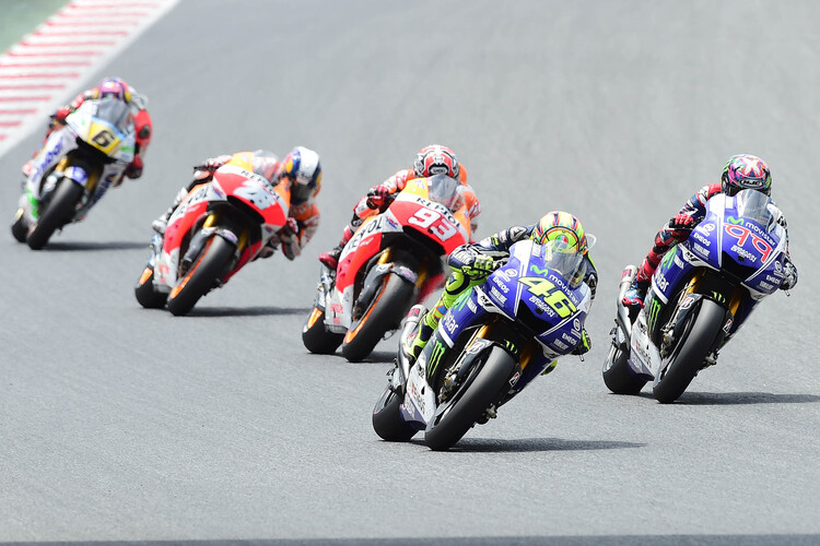 Das Rennen: Rossi (46) vor Lorenzo (99), Márquez (93), Pedrosa (26) und Bradl