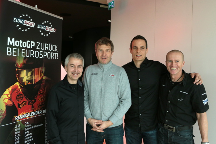 Eurosport-Kommentatoren Dirk Raudies, Ron Ringguth, Alex Hofmann und Lenz Leberkern (v.l.)