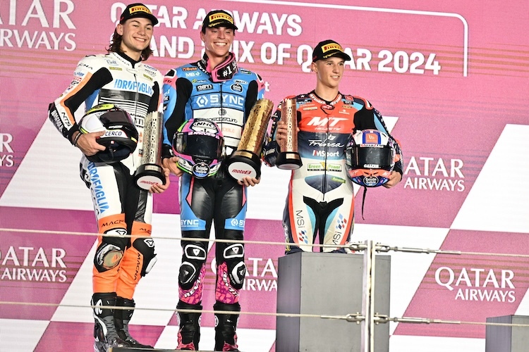 Die ersten Drei eines spannenden Moto2-Auftaktrennens. Lopez gewinnt vor Baltus und Garcia