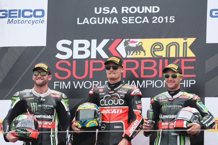 Dasselbe Bild wie in Rennen 1: Tom Sykes, Chaz Davies und Jonathan Rea (v.l.)