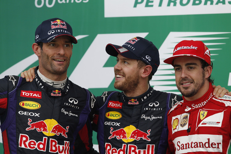 Mark Webber (links) mit Sebastian Vettel und Fernando Alonso