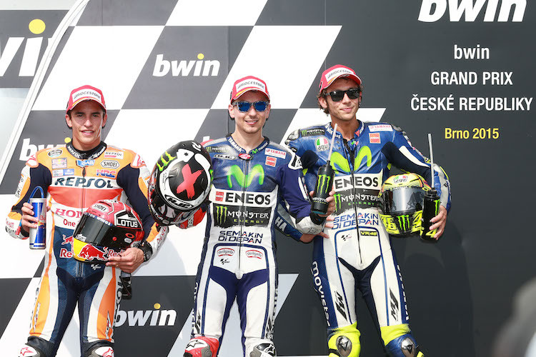 Die Top-3 in Brünn: Jorge Lorenzo (mitte), Marc Marquez (li) und Valentino Rossi (re)