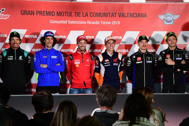Morbidelli, Rins, Dovizioso, Márquez, Viñales und Rossi (v.l.n.r.)