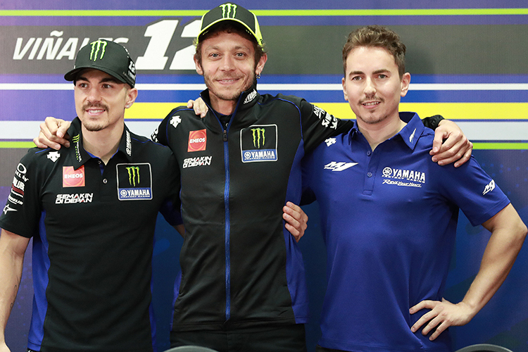 Maverick Vinales, Valentino Rossi und Jorge Lorenzo (v.l.)