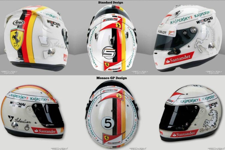 Der normale Helm und die Retro-Version von Vettel 2015