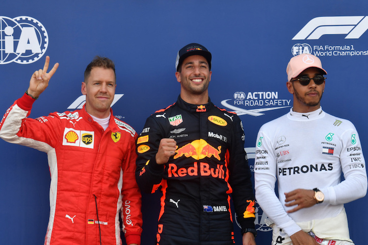 Sebastian Vettel, Daniel Ricciardo und Lewis Hamilton