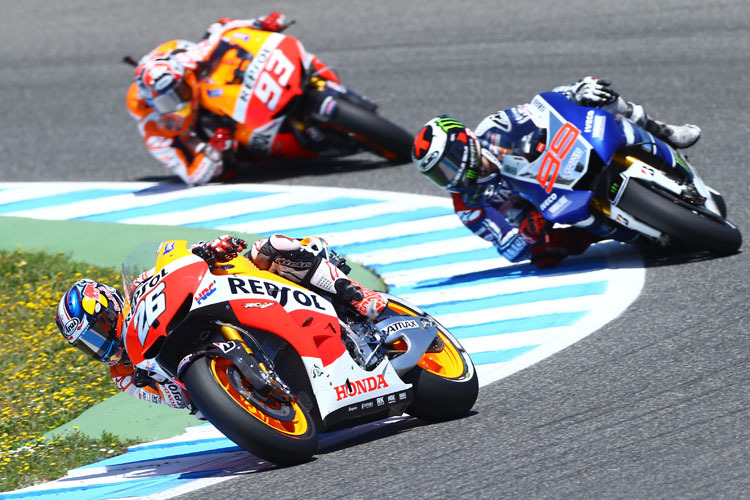 Dani Pedrrosa (26) vor Lorenzo und Márquez