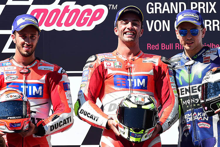 Österreich-GP 2016: Andrea Iannone siegt für Ducati vor Andrea Dovizioso und dem zukünftigen Ducati-Werksfahrer Jorge Lorenzo