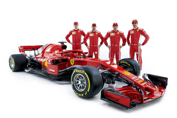 Die Ferrari-Fahrer 2018 (von links): Kvyat, Vettel, Räikkönen und Giovinazzi