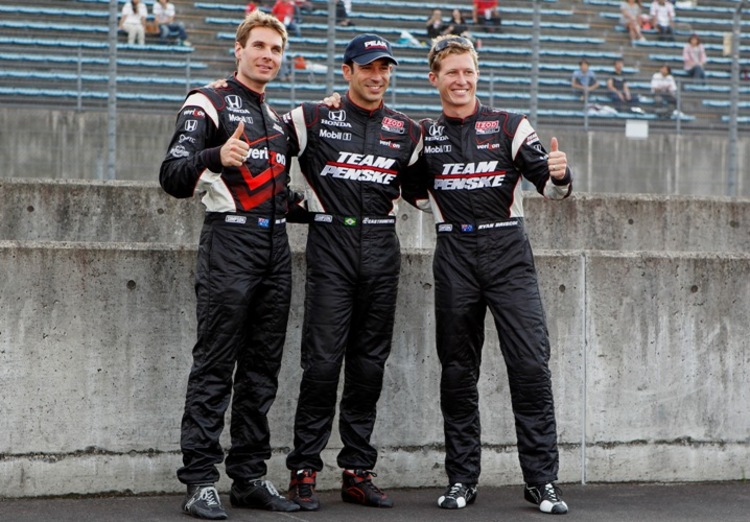 Penske-Piloten auf 1-2-3: v.l. Power, Castroneves, Briscoe