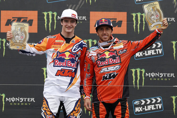 Treffen sie in Teutschenthal doch noch direkt aufeinander? MX2-Weltmeister Jeffrey Herlings und MX1-Champion Tony Cairoli (re.)