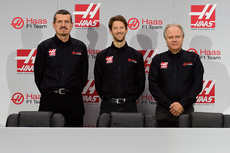 Haas F1: Teamchef Günther Steiner, Pilot Romain Grosjean, Teambesitzer Gene Haas